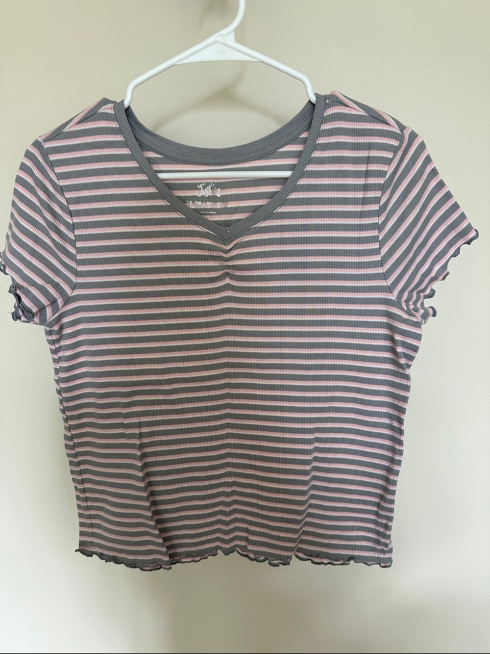 Justice Pink and Gray Striped V‑Neck Short Sleeve Tee